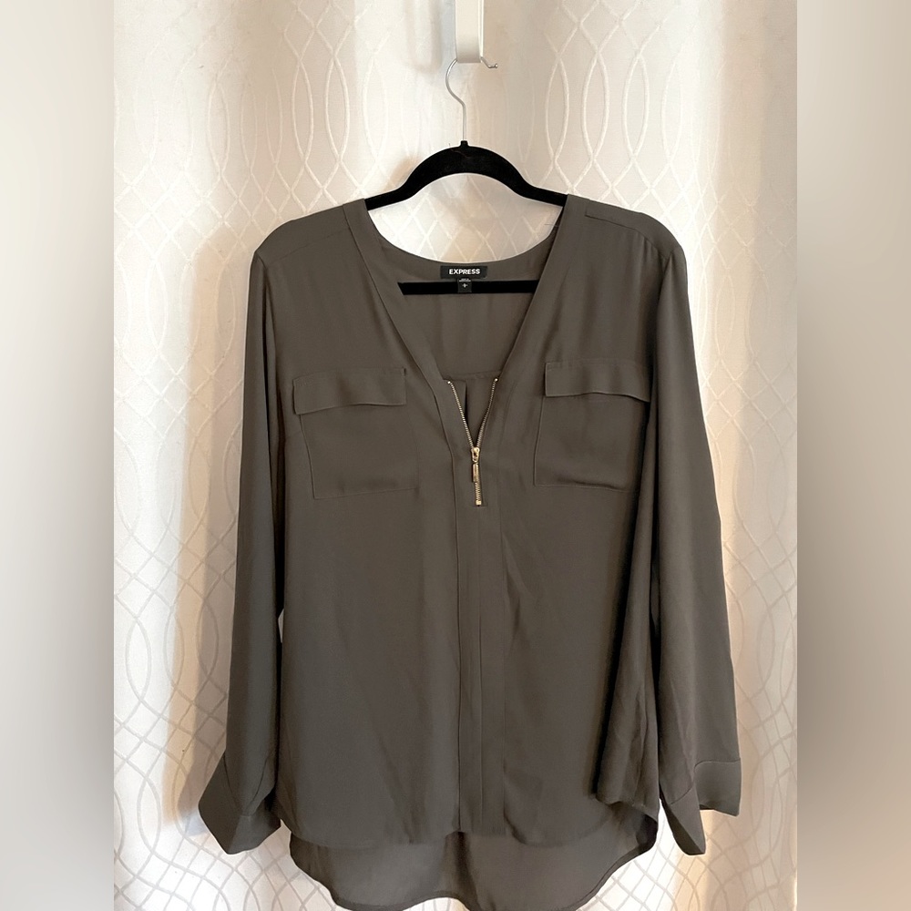 Express Grey long sleeve blouse with gold front zipper detail SZ L